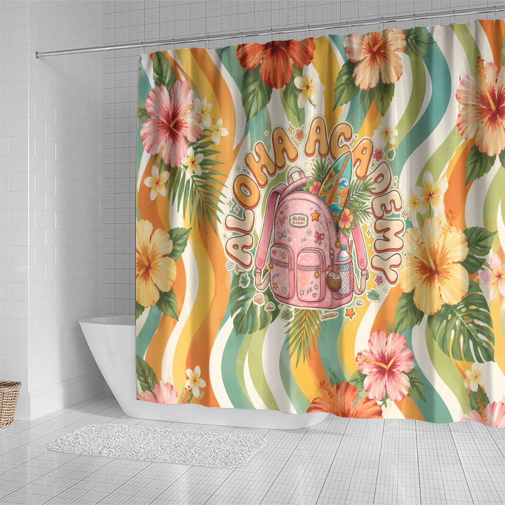 Hawaii Aloha Academy Back To School Shower Curtain Sea Turtle Tropical Hibiscus Flowers Retro Psychedelic