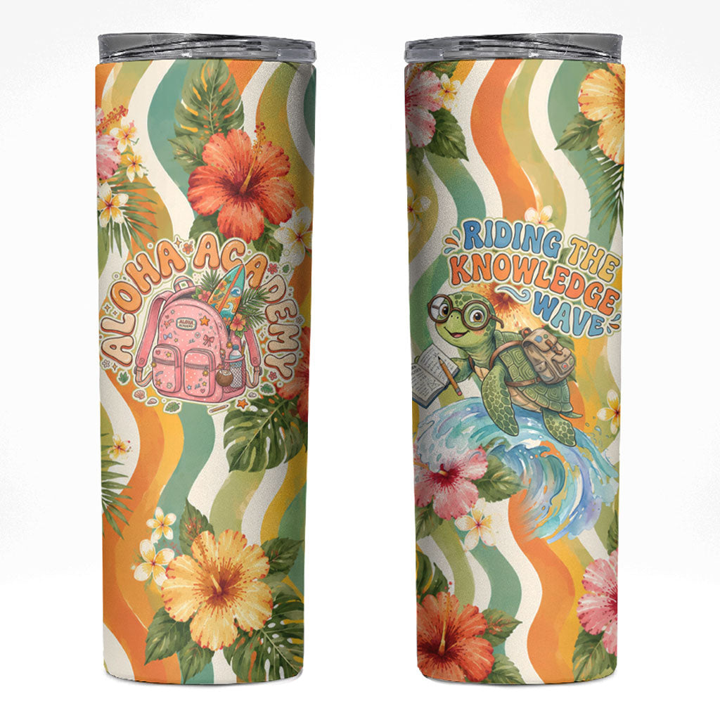 Hawaii Aloha Academy Back To School Skinny Tumbler Sea Turtle Tropical Hibiscus Flowers Retro Psychedelic