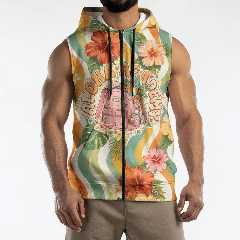 Hawaii Aloha Academy Back To School Sleeveless Zip Hoodie Sea Turtle Tropical Hibiscus Flowers Retro Psychedelic