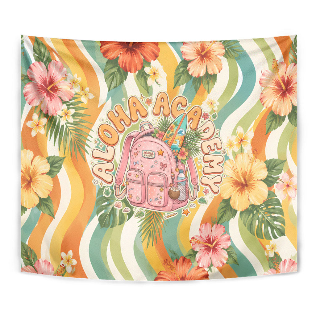 Hawaii Aloha Academy Back To School Tapestry Sea Turtle Tropical Hibiscus Flowers Retro Psychedelic