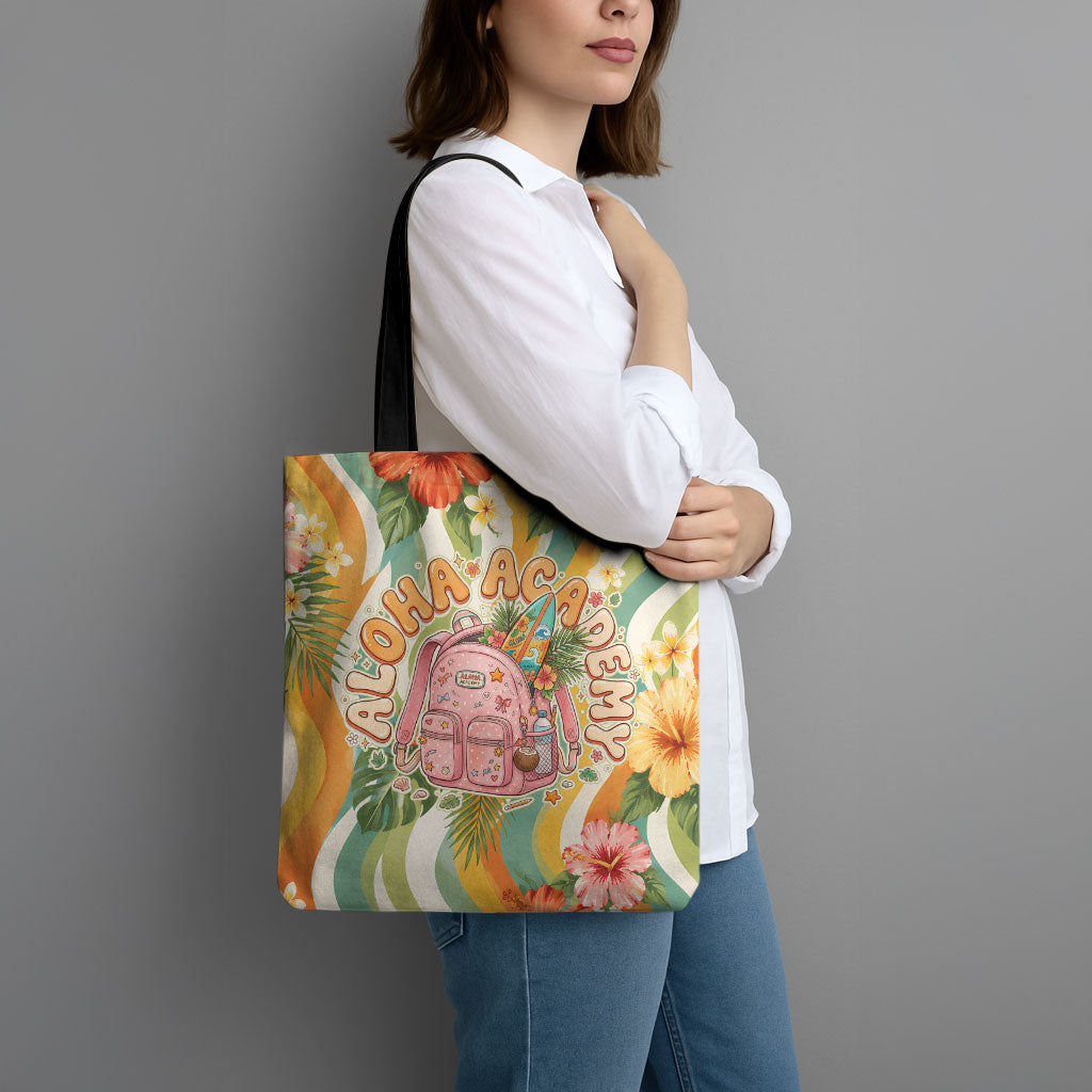 Hawaii Aloha Academy Back To School Tote Bag Sea Turtle Tropical Hibiscus Flowers Retro Psychedelic