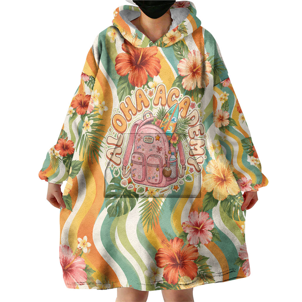Hawaii Aloha Academy Back To School Wearable Blanket Hoodie Sea Turtle Tropical Hibiscus Flowers Retro Psychedelic