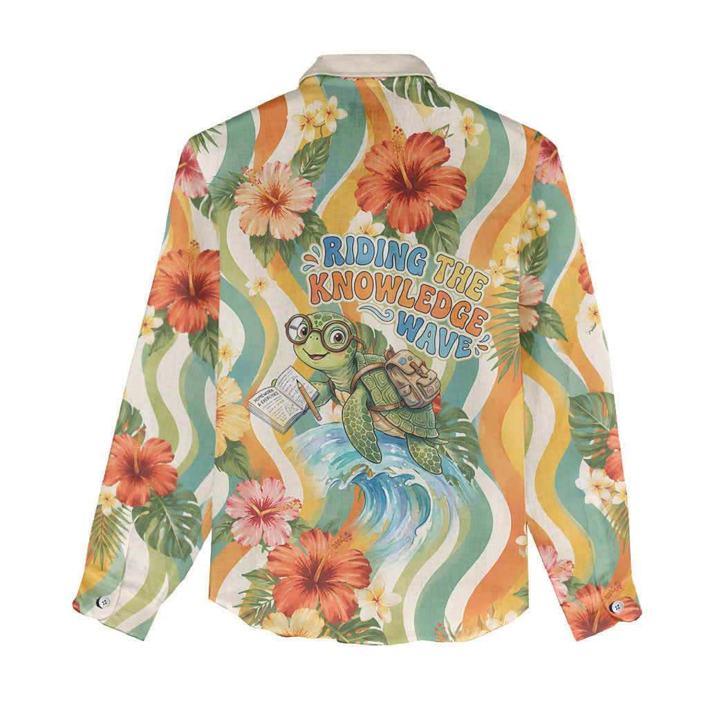 Hawaii Aloha Academy Back To School Women Casual Shirt Sea Turtle Tropical Hibiscus Flowers Retro Psychedelic