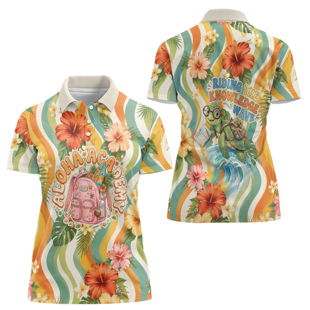 Hawaii Aloha Academy Back To School Women Polo Shirt Sea Turtle Tropical Hibiscus Flowers Retro Psychedelic