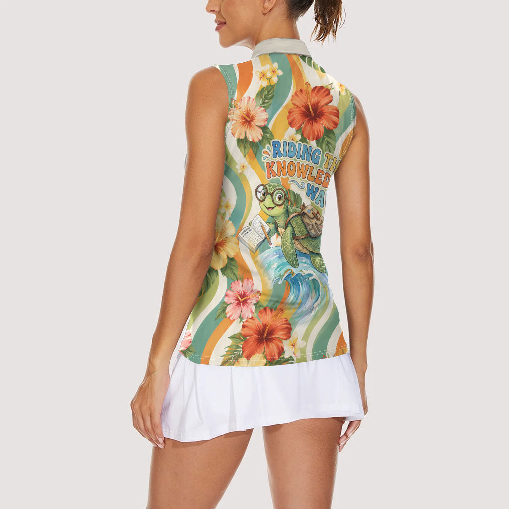 Hawaii Aloha Academy Back To School Women Sleeveless Polo Shirt Sea Turtle Tropical Hibiscus Flowers Retro Psychedelic