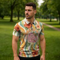 Hawaii Aloha Academy Back To School Zipper Polo Shirt Sea Turtle Tropical Hibiscus Flowers Retro Psychedelic