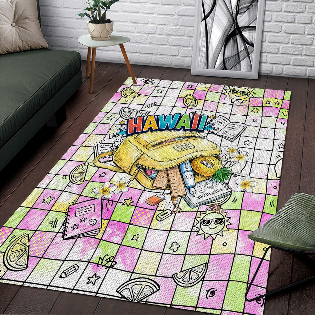 Hawaii Cruising Back To School Area Rug Grid Pattern With School Bag And Vintage Surf Van