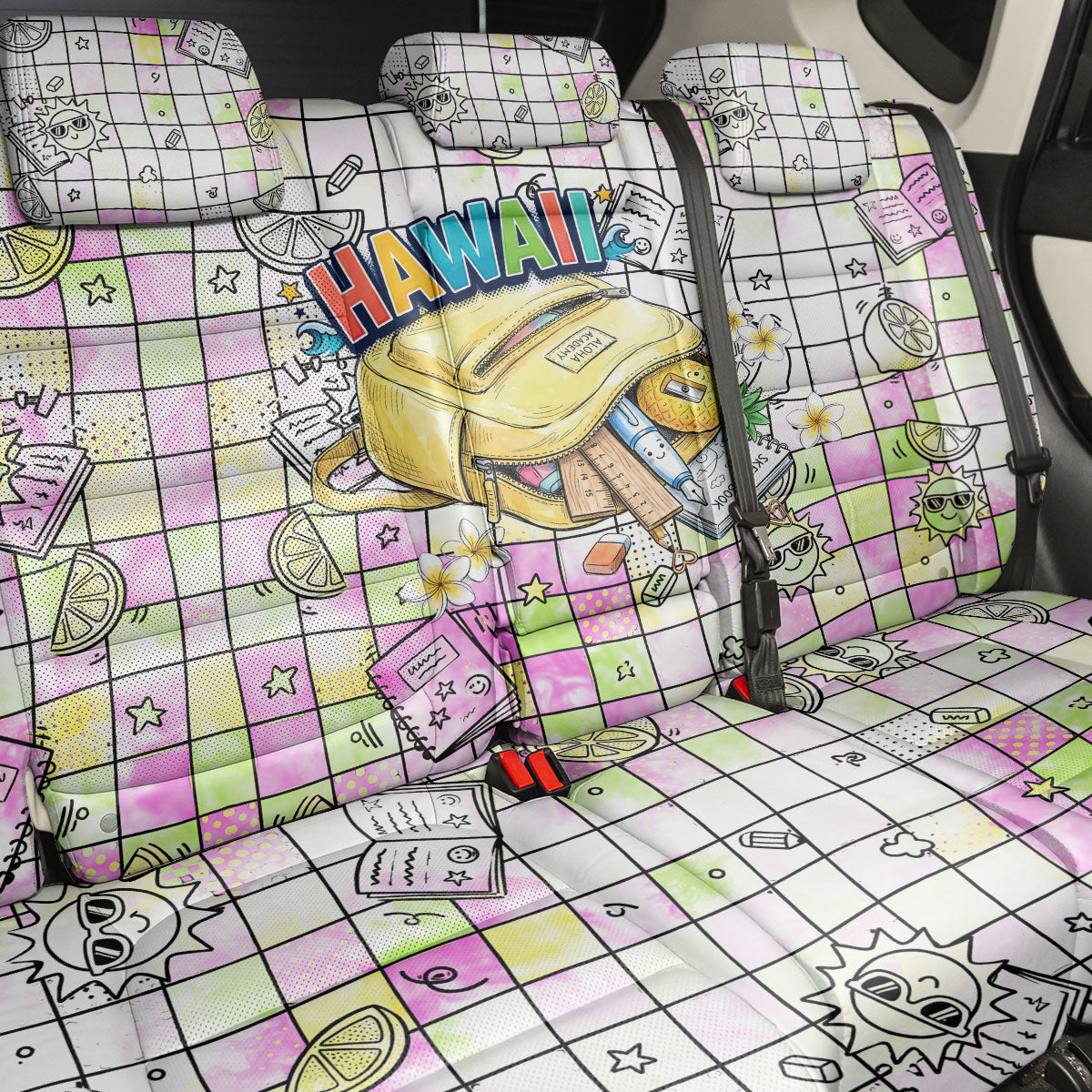 Hawaii Cruising Back To School Back Car Seat Cover Grid Pattern With School Bag And Vintage Surf Van