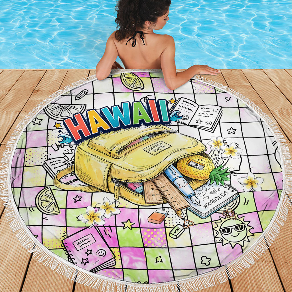 Hawaii Cruising Back To School Beach Blanket Grid Pattern With School Bag And Vintage Surf Van