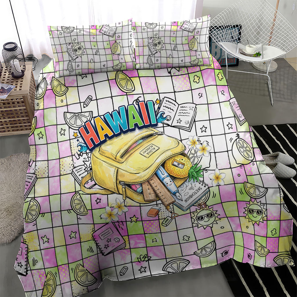 Hawaii Cruising Back To School Bedding Set Grid Pattern With School Bag And Vintage Surf Van