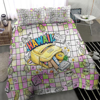 Hawaii Cruising Back To School Bedding Set Grid Pattern With School Bag And Vintage Surf Van
