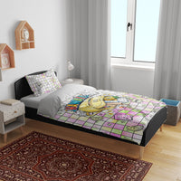 Hawaii Cruising Back To School Bedding Set Grid Pattern With School Bag And Vintage Surf Van
