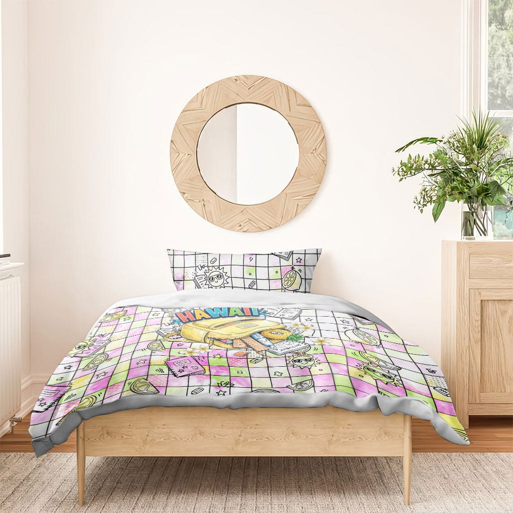 Hawaii Cruising Back To School Bedding Set Grid Pattern With School Bag And Vintage Surf Van