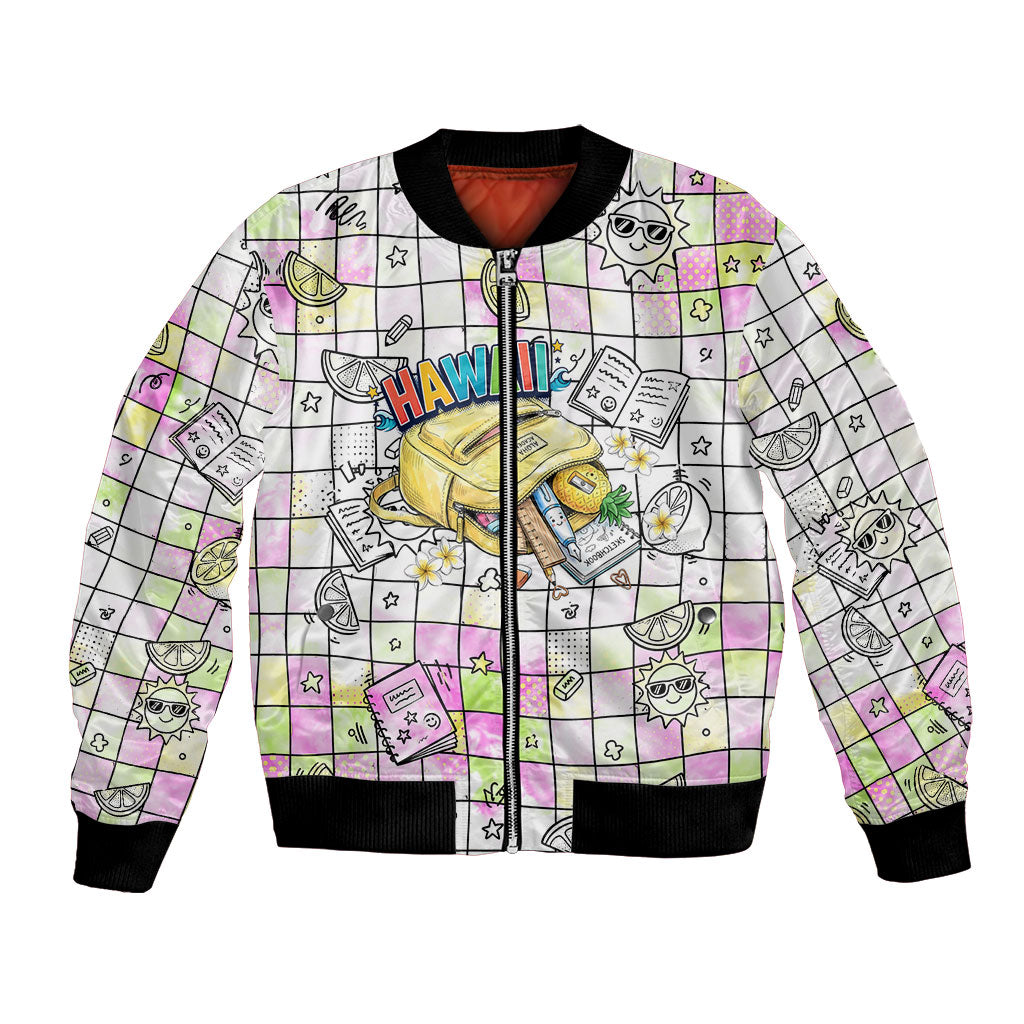Hawaii Cruising Back To School Bomber Jacket Grid Pattern With School Bag And Vintage Surf Van