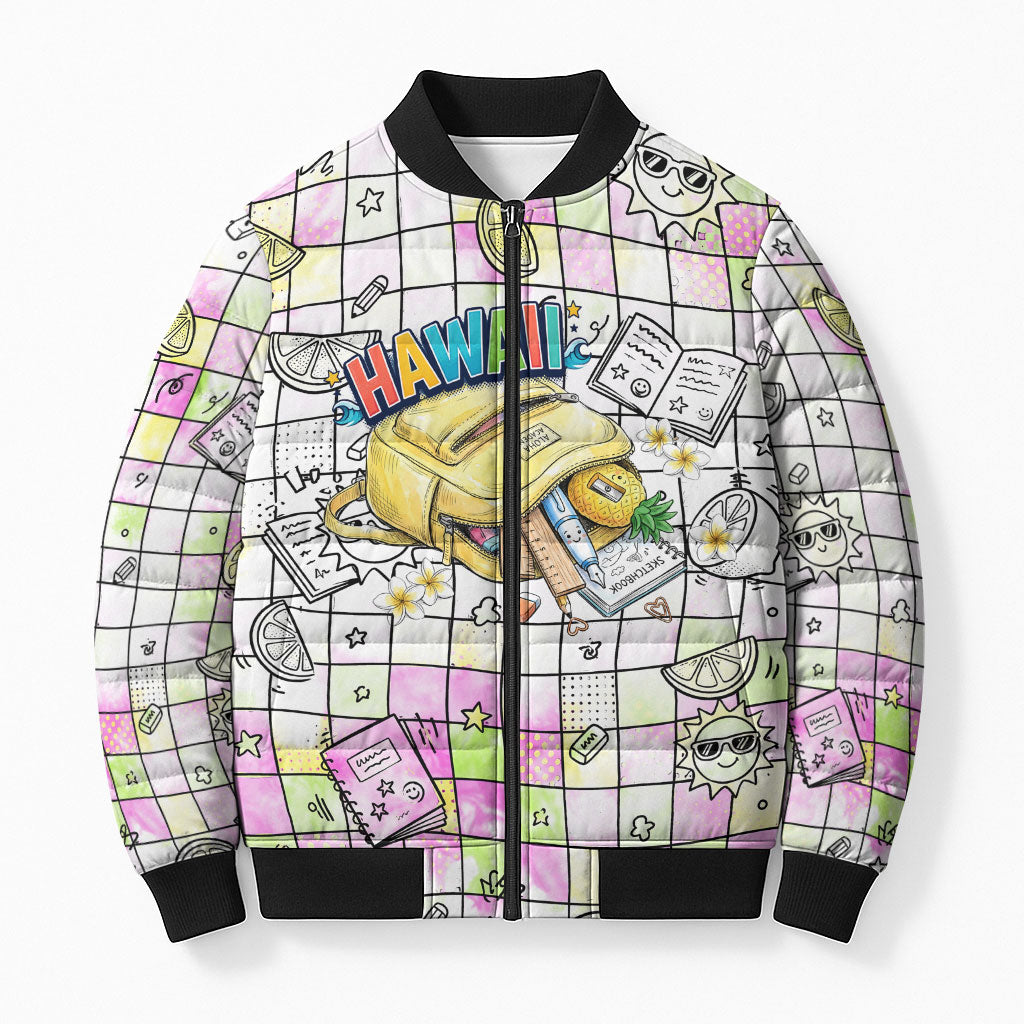 Hawaii Cruising Back To School Bomber Puffer Jacket Grid Pattern With School Bag And Vintage Surf Van