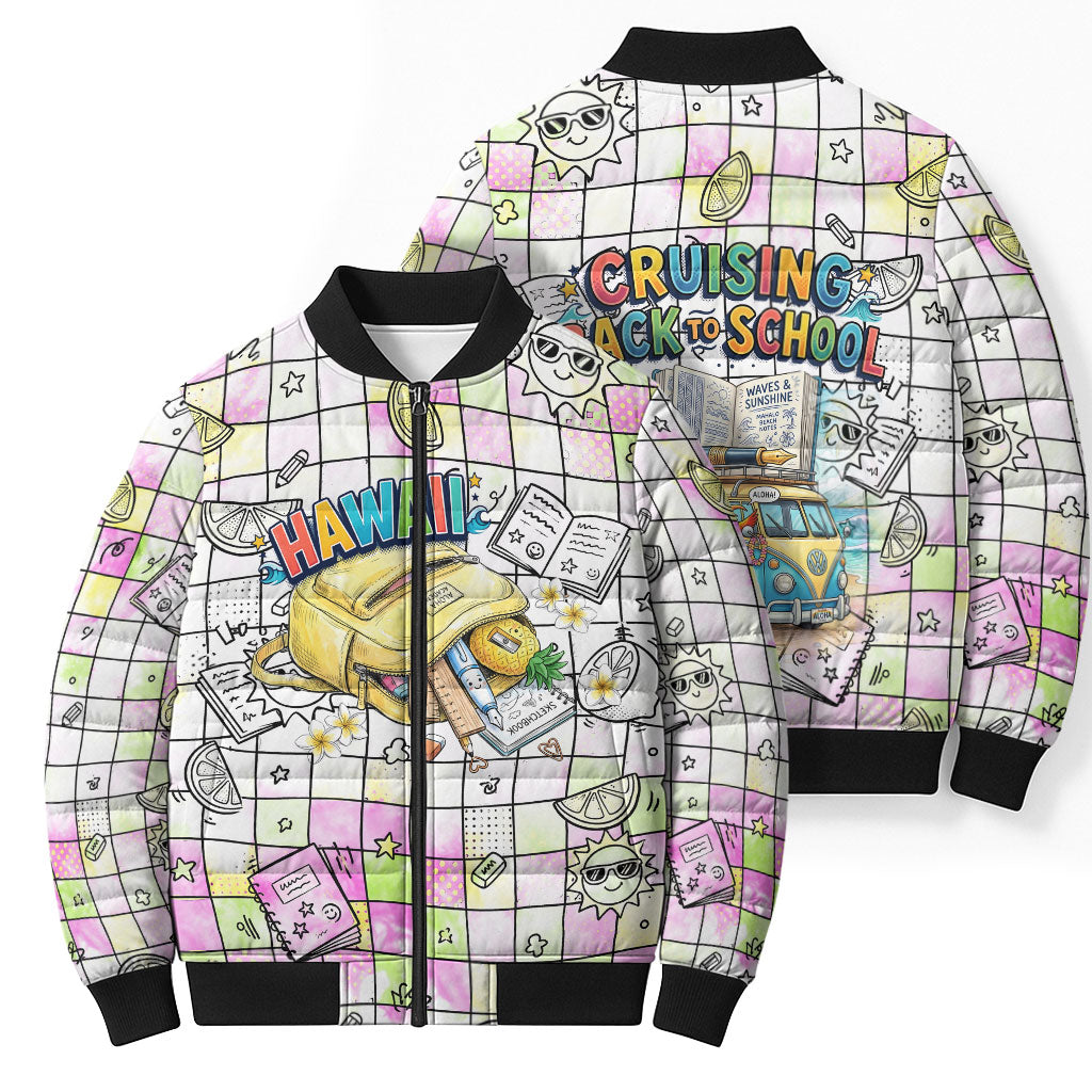Hawaii Cruising Back To School Bomber Puffer Jacket Grid Pattern With School Bag And Vintage Surf Van
