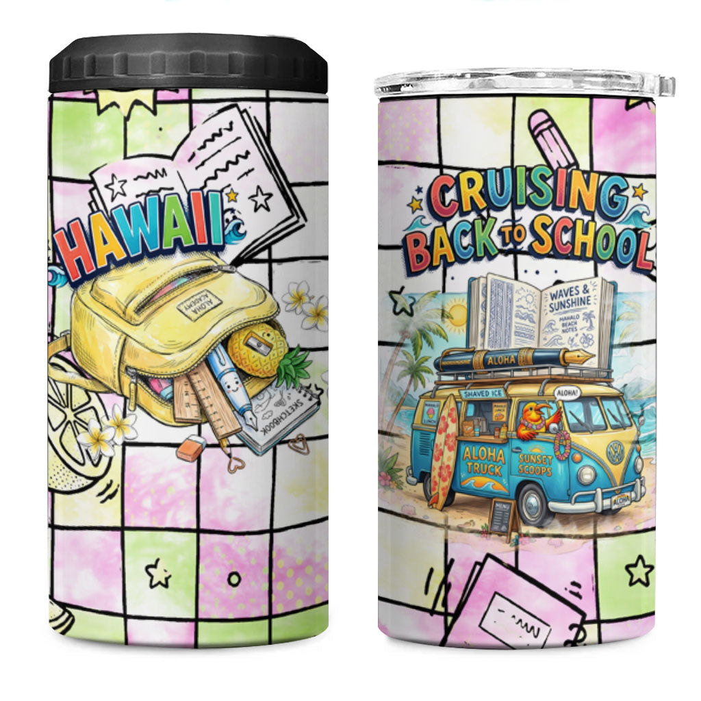 Hawaii Cruising Back To School 4 in 1 Can Cooler Tumbler Grid Pattern With School Bag And Vintage Surf Van