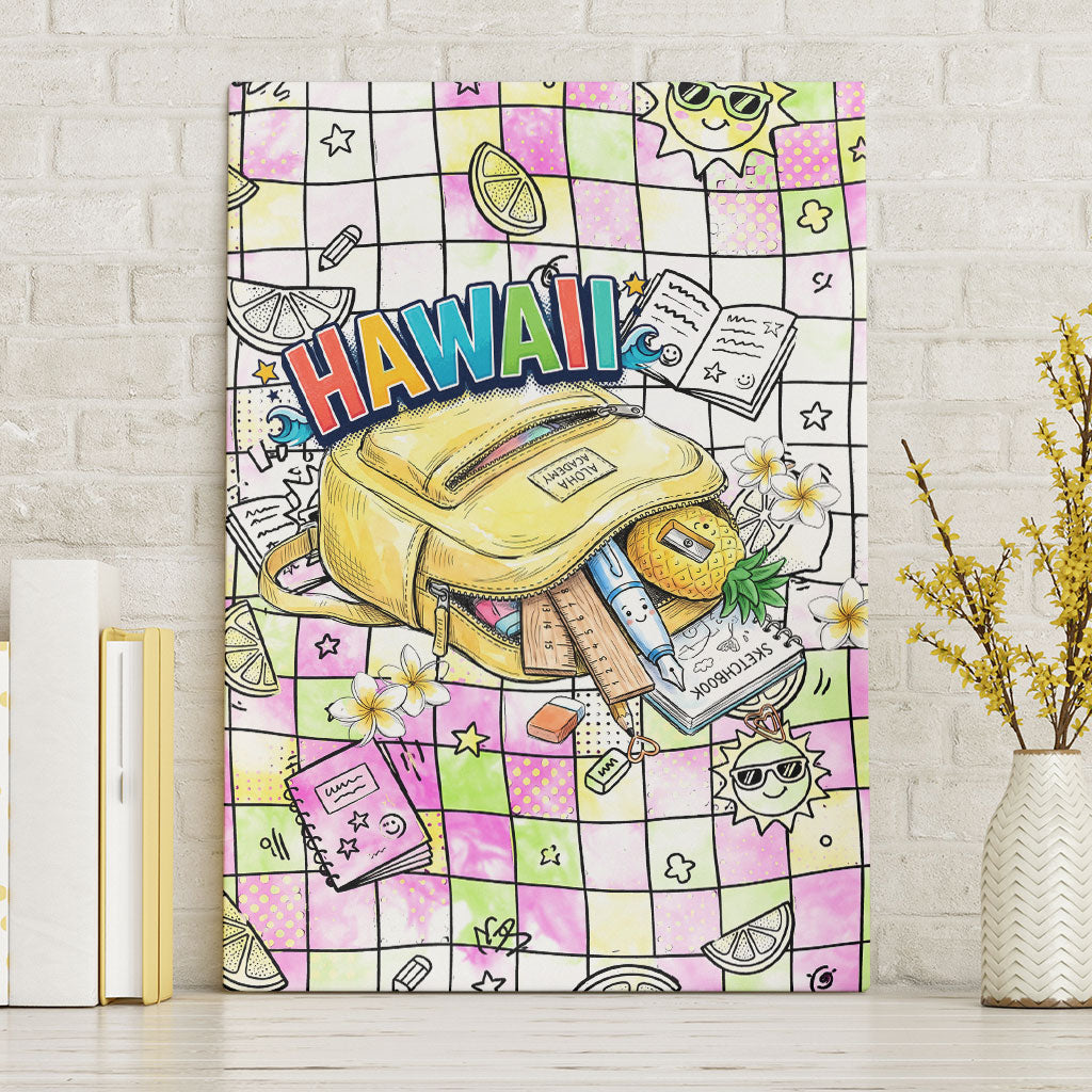 Hawaii Cruising Back To School Canvas Wall Art Grid Pattern With School Bag And Vintage Surf Van