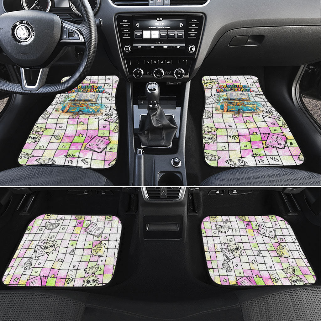Hawaii Cruising Back To School Car Mats Grid Pattern With School Bag And Vintage Surf Van
