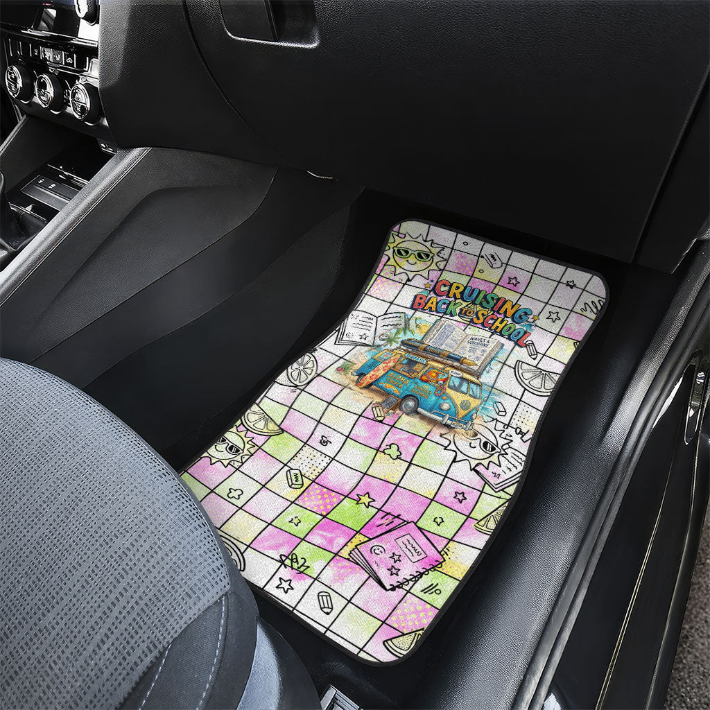 Hawaii Cruising Back To School Car Mats Grid Pattern With School Bag And Vintage Surf Van