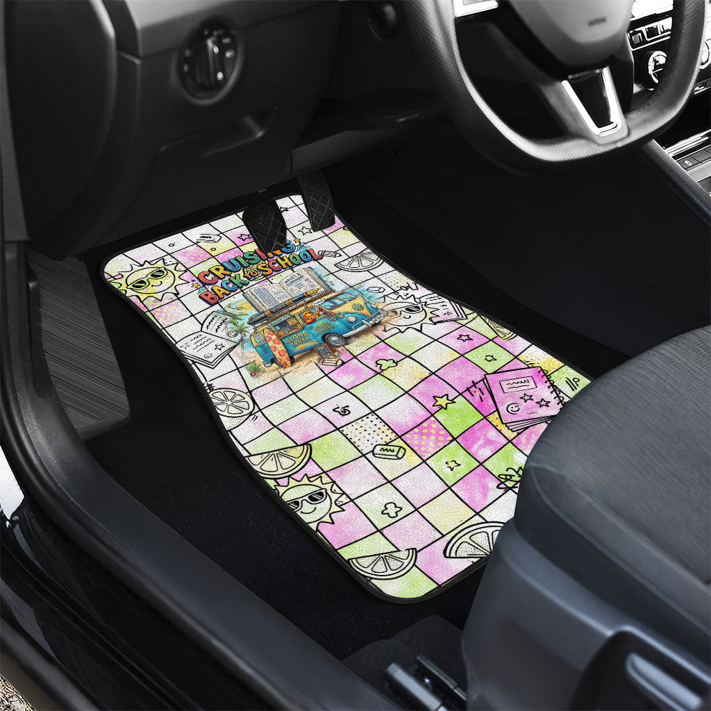 Hawaii Cruising Back To School Car Mats Grid Pattern With School Bag And Vintage Surf Van