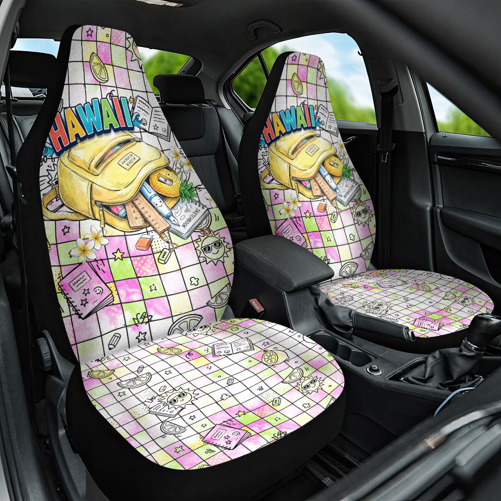 Hawaii Cruising Back To School Car Seat Cover Grid Pattern With School Bag And Vintage Surf Van