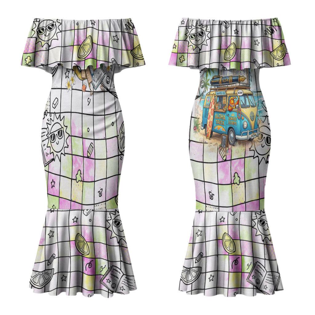 Hawaii Cruising Back To School Couples Matching Mermaid Dress and Hawaiian Shirt Grid Pattern With School Bag And Vintage Surf Van