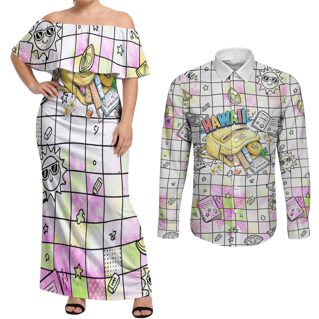 Hawaii Cruising Back To School Couples Matching Off Shoulder Maxi Dress and Long Sleeve Button Shirt Grid Pattern With School Bag And Vintage Surf Van TS04 White Yellow - Polynesian Pride