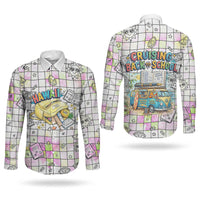 Hawaii Cruising Back To School Couples Matching Off The Shoulder Long Sleeve Dress and Long Sleeve Button Shirt Grid Pattern With School Bag And Vintage Surf Van