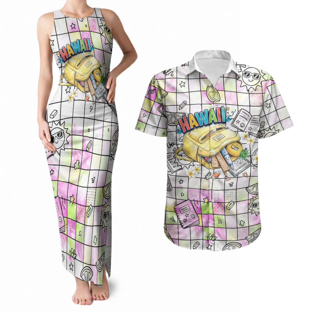 Hawaii Cruising Back To School Couples Matching Tank Maxi Dress and Hawaiian Shirt Grid Pattern With School Bag And Vintage Surf Van TS04 White Yellow - Polynesian Pride