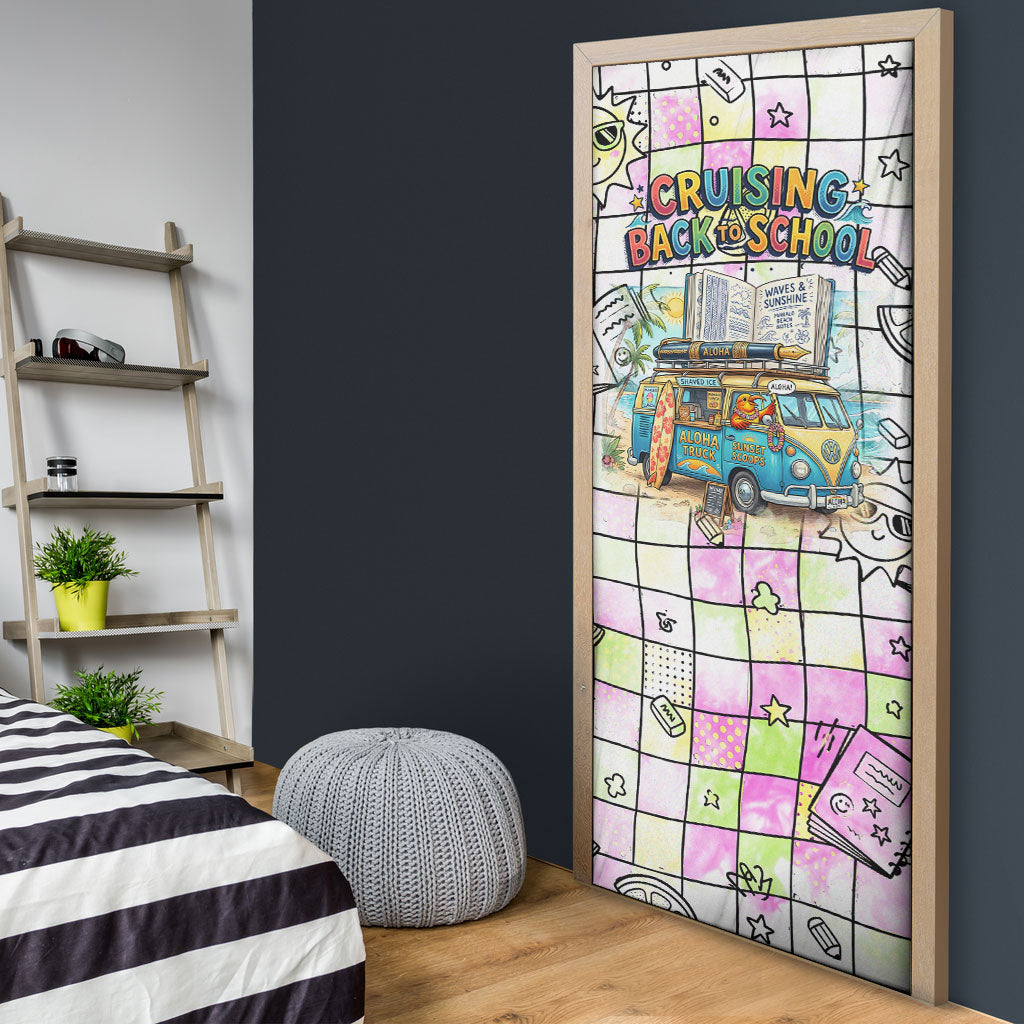 Hawaii Cruising Back To School Door Cover Grid Pattern With School Bag And Vintage Surf Van