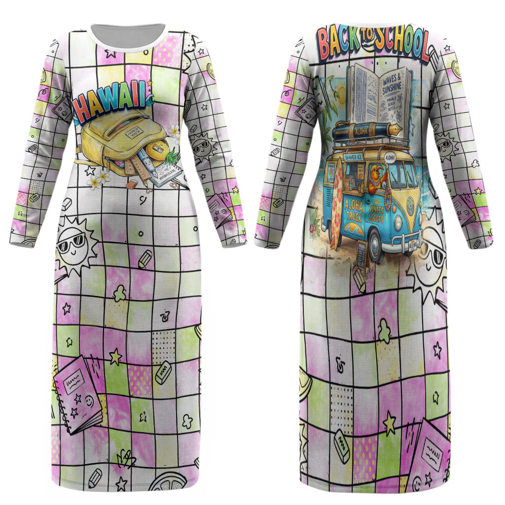Hawaii Cruising Back To School Family Matching Long Sleeve Bodycon Dress and Hawaiian Shirt Grid Pattern With School Bag And Vintage Surf Van