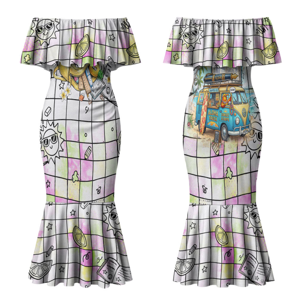 Hawaii Cruising Back To School Family Matching Mermaid Dress and Hawaiian Shirt Grid Pattern With School Bag And Vintage Surf Van
