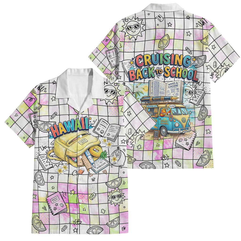 Hawaii Cruising Back To School Family Matching Mermaid Dress and Hawaiian Shirt Grid Pattern With School Bag And Vintage Surf Van