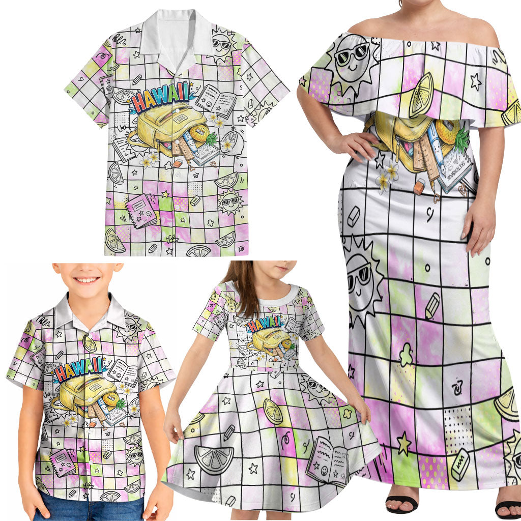 Hawaii Cruising Back To School Family Matching Off Shoulder Maxi Dress and Hawaiian Shirt Grid Pattern With School Bag And Vintage Surf Van