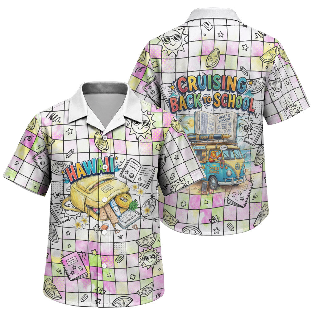 Hawaii Cruising Back To School Family Matching Off Shoulder Maxi Dress and Hawaiian Shirt Grid Pattern With School Bag And Vintage Surf Van
