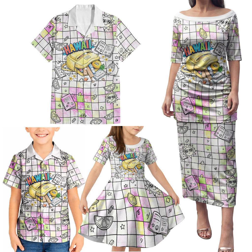 Hawaii Cruising Back To School Family Matching Puletasi and Hawaiian Shirt Grid Pattern With School Bag And Vintage Surf Van TS04 - Polynesian Pride