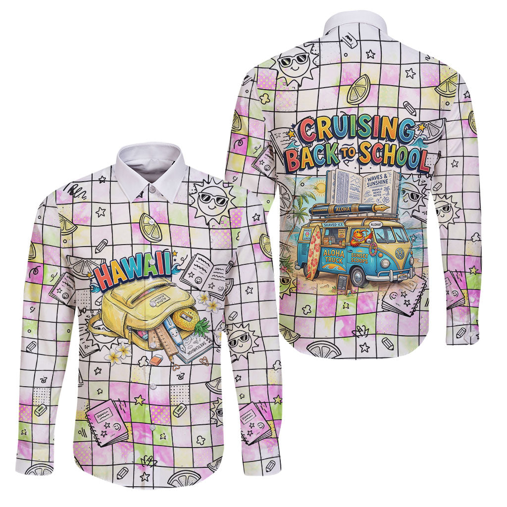 Hawaii Cruising Back To School Family Matching Tank Maxi Dress and Hawaiian Shirt Grid Pattern With School Bag And Vintage Surf Van