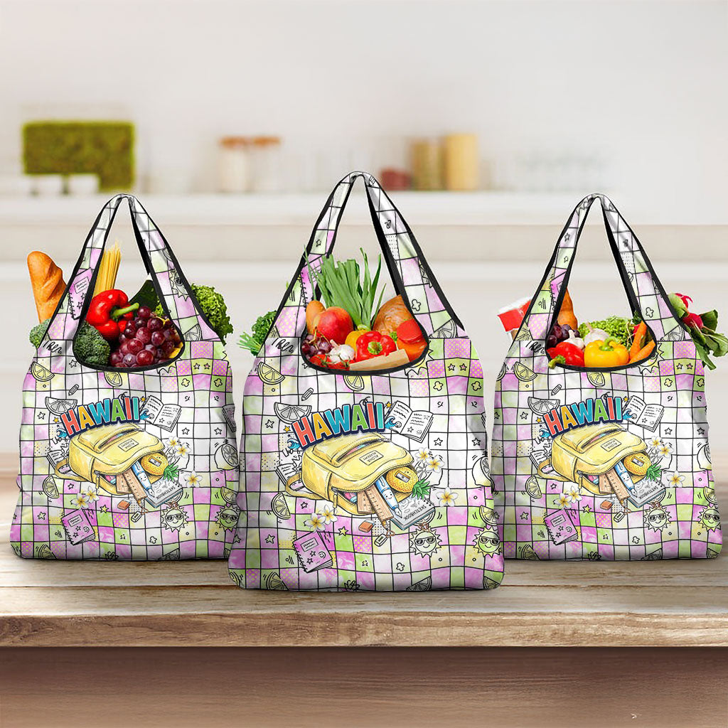 Hawaii Cruising Back To School Grocery Bag Grid Pattern With School Bag And Vintage Surf Van