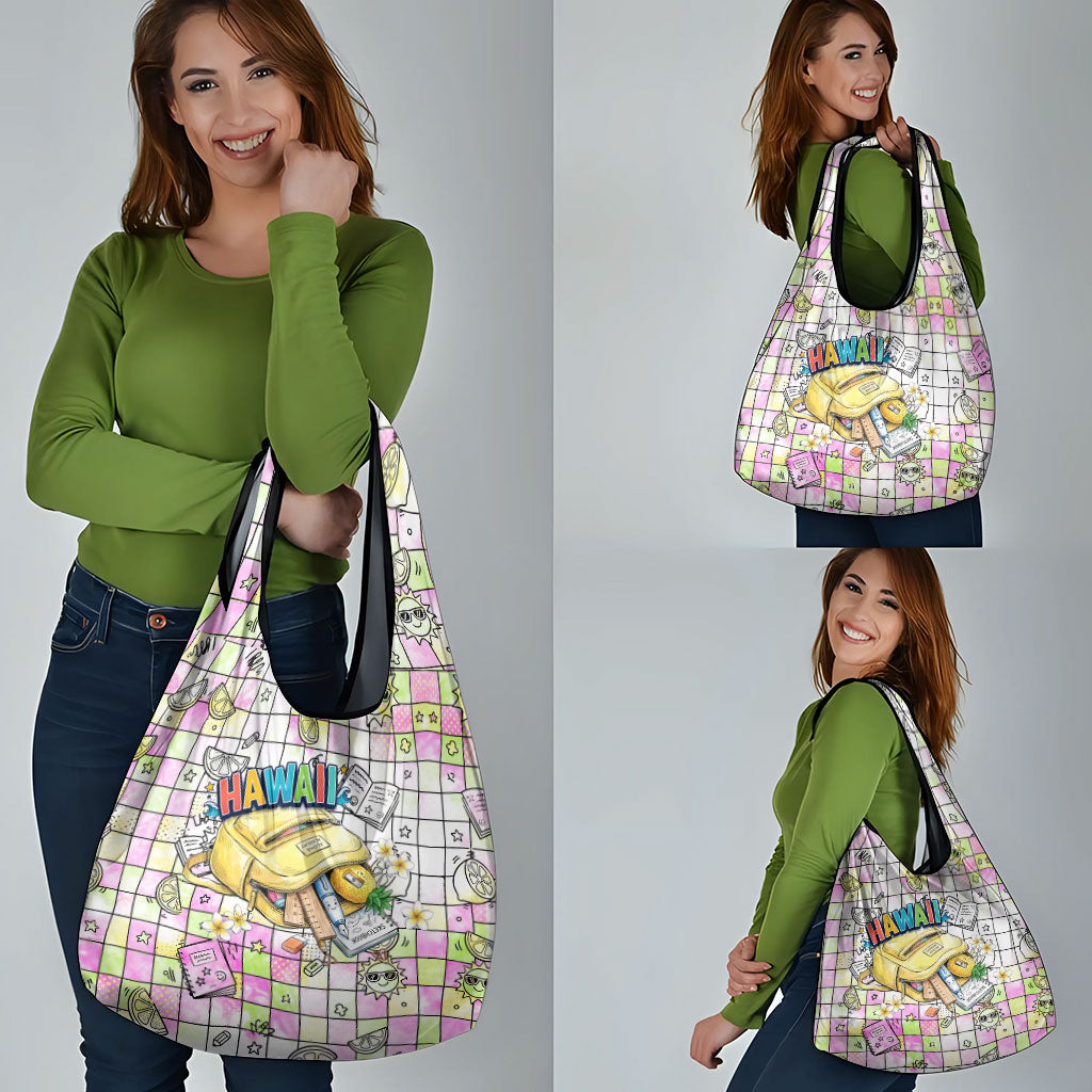 Hawaii Cruising Back To School Grocery Bag Grid Pattern With School Bag And Vintage Surf Van