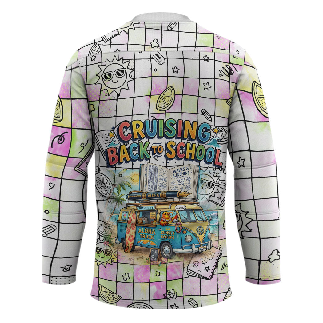 Hawaii Cruising Back To School Hockey Jersey Grid Pattern With School Bag And Vintage Surf Van