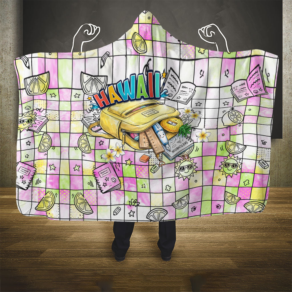 Hawaii Cruising Back To School Hooded Blanket Grid Pattern With School Bag And Vintage Surf Van