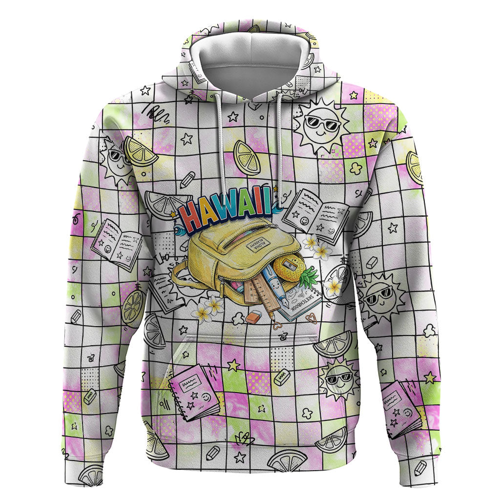Hawaii Cruising Back To School Hoodie Grid Pattern With School Bag And Vintage Surf Van TS04 Pullover Hoodie White Yellow - Polynesian Pride