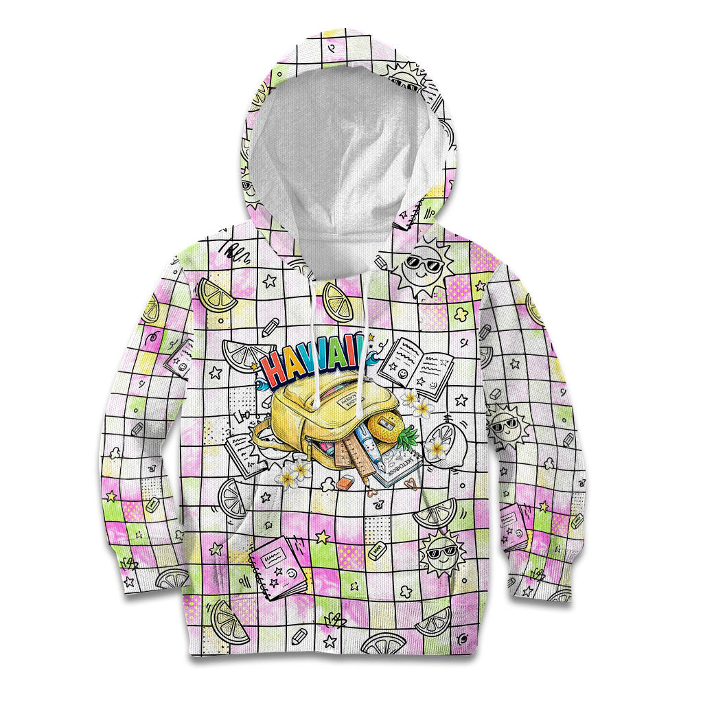 Hawaii Cruising Back To School Kid Hoodie Grid Pattern With School Bag And Vintage Surf Van