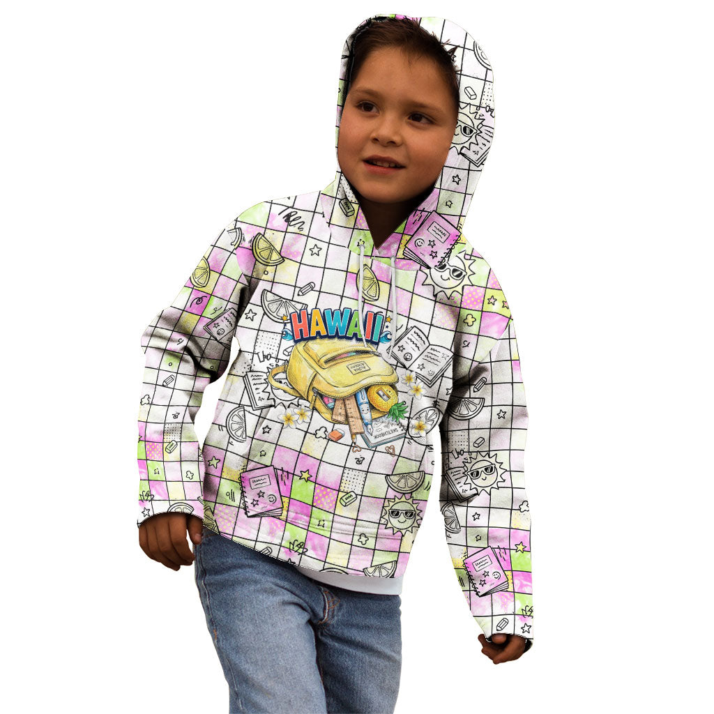 Hawaii Cruising Back To School Kid Hoodie Grid Pattern With School Bag And Vintage Surf Van