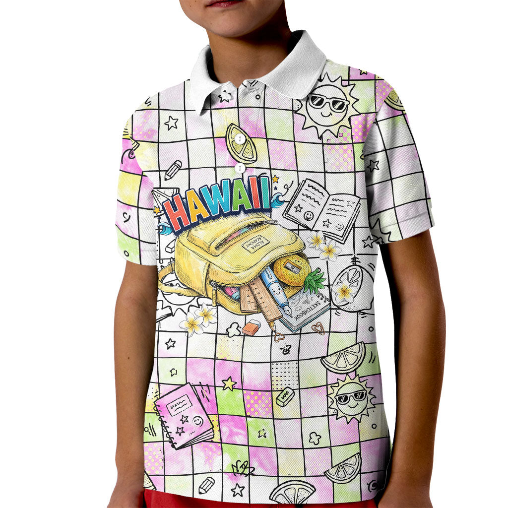 Hawaii Cruising Back To School Kid Polo Shirt Grid Pattern With School Bag And Vintage Surf Van