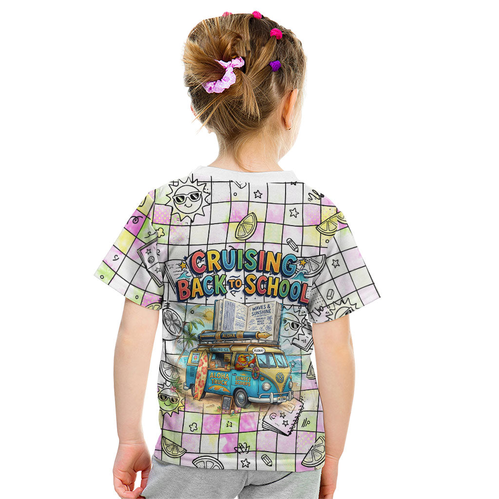 Hawaii Cruising Back To School Kid T Shirt Grid Pattern With School Bag And Vintage Surf Van