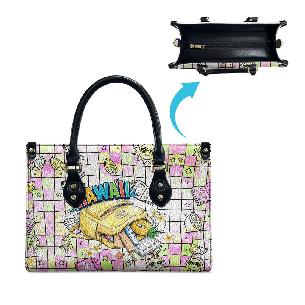 Hawaii Cruising Back To School Leather Bag Grid Pattern With School Bag And Vintage Surf Van