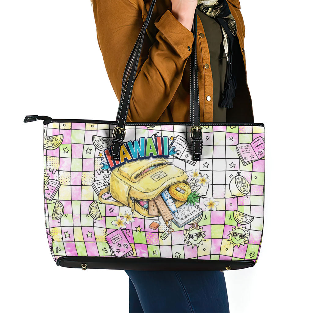 Hawaii Cruising Back To School Leather Tote Bag Grid Pattern With School Bag And Vintage Surf Van