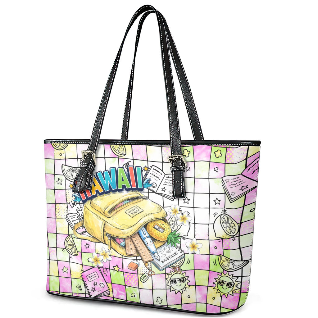 Hawaii Cruising Back To School Leather Tote Bag Grid Pattern With School Bag And Vintage Surf Van
